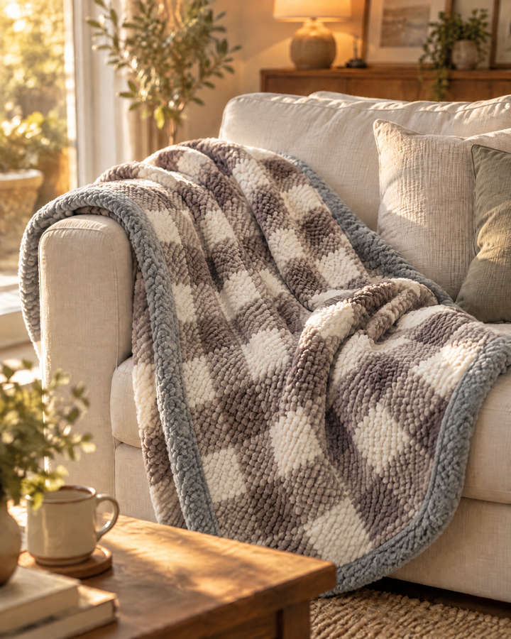 Chunky Chenille Knit Throw Blanket in Checkered and Stripe Designs