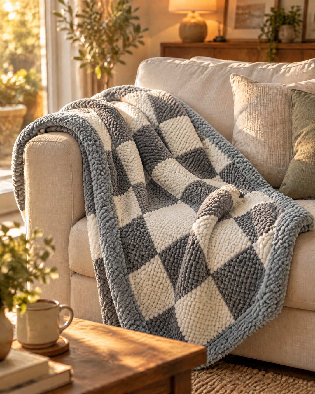 Chunky Chenille Knit Throw Blanket in Checkered and Stripe Designs