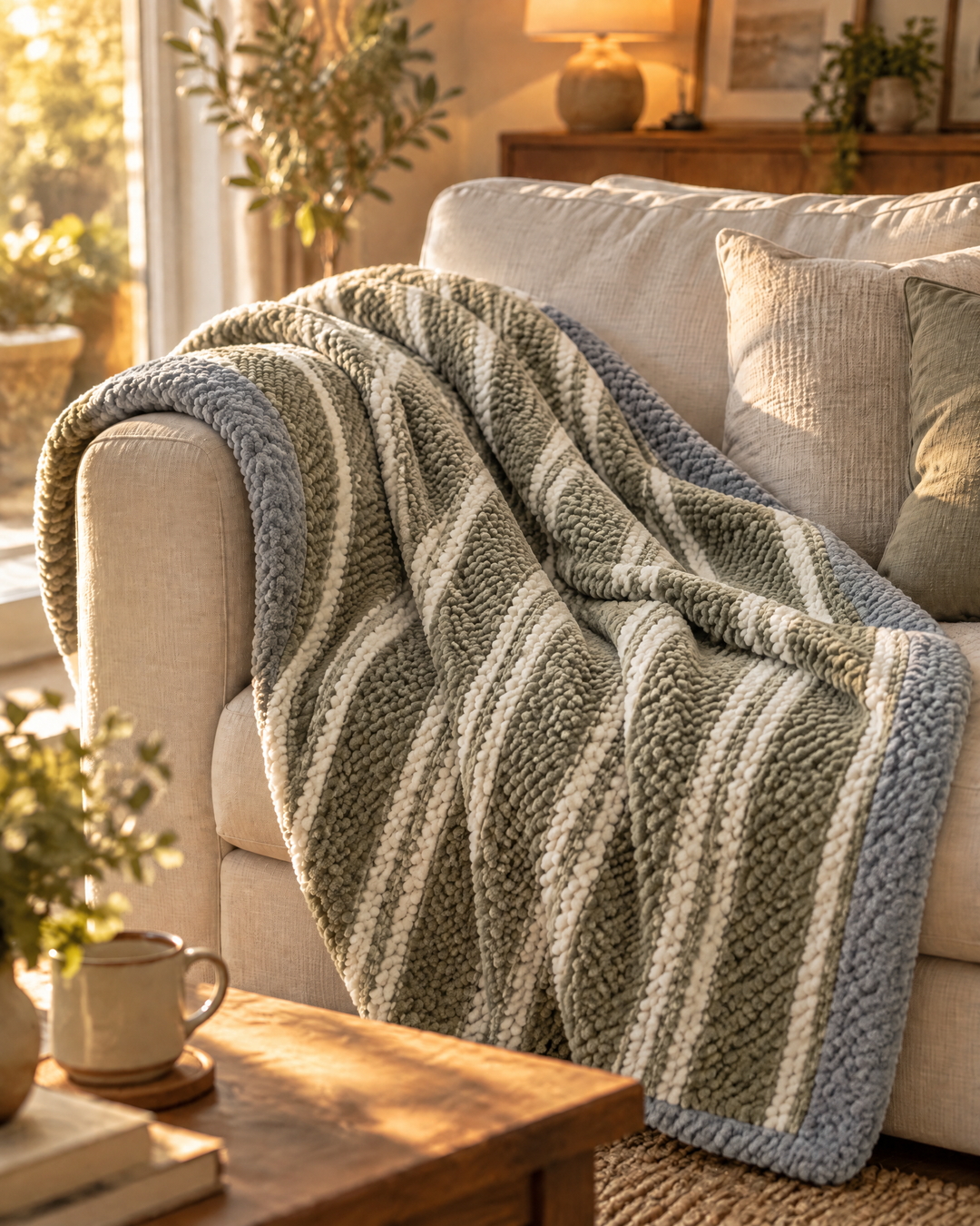 Chunky Chenille Knit Throw Blanket in Checkered and Stripe Designs