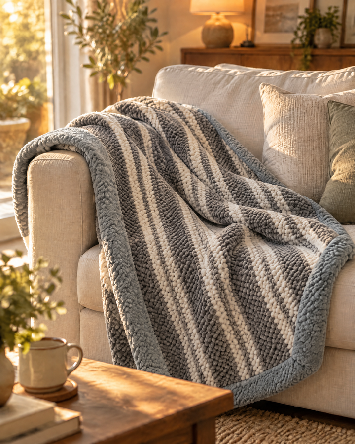 Chunky Chenille Knit Throw Blanket in Checkered and Stripe Designs