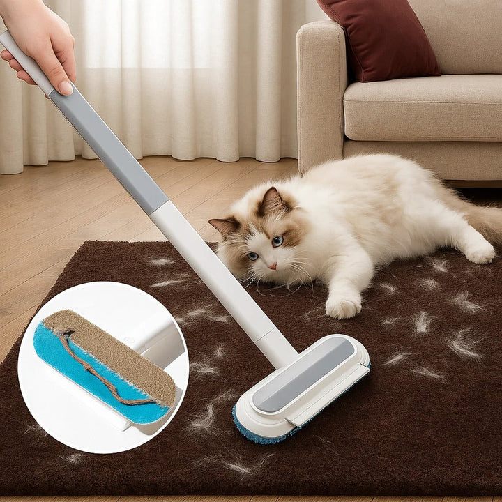 Manual Pet Hair Remover Brush with Long Handle and Scraper Edge