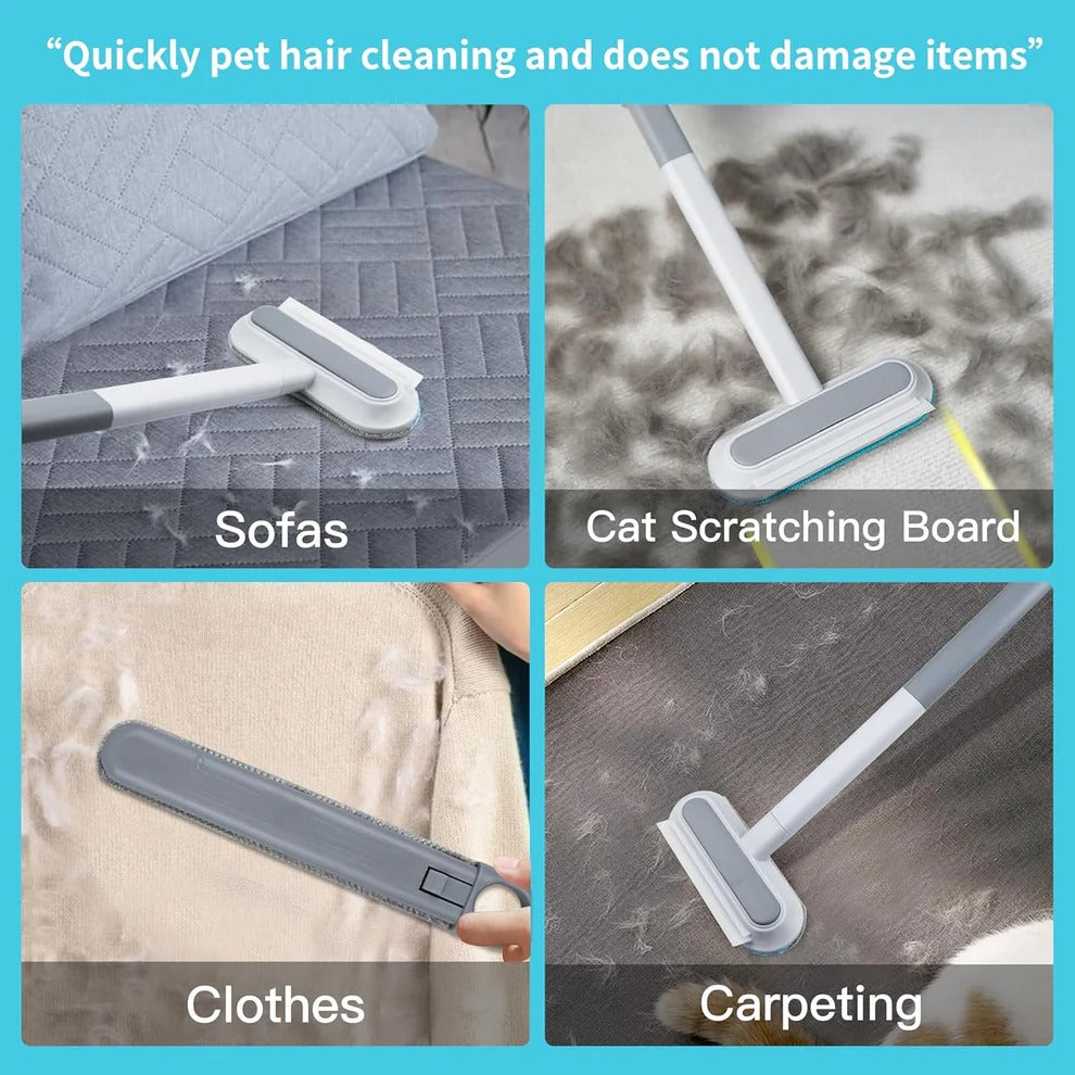 Manual Pet Hair Remover Brush with Long Handle and Scraper Edge