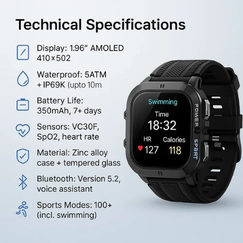 Hendrano™ Waterproof Swim Smartwatch with Built-In Fitness Tracker