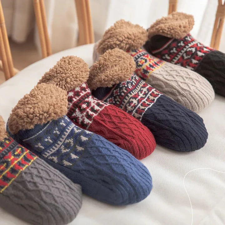 Fleece-Lined Snowflake Knit Socks with Non-Slip Grippers