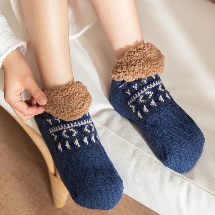 Fleece-Lined Snowflake Knit Socks with Non-Slip Grippers