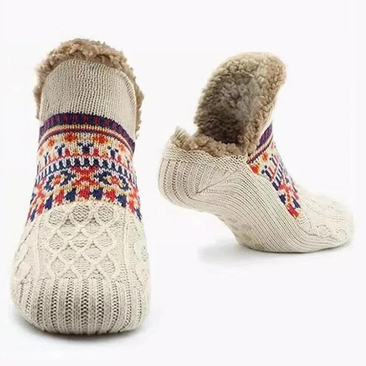 Fleece-Lined Snowflake Knit Socks with Non-Slip Grippers