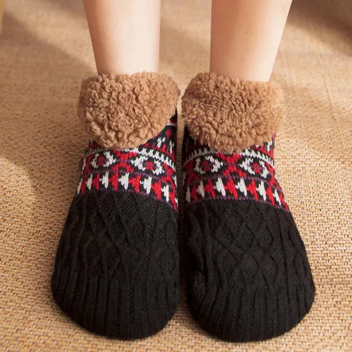 Fleece-Lined Snowflake Knit Socks with Non-Slip Grippers