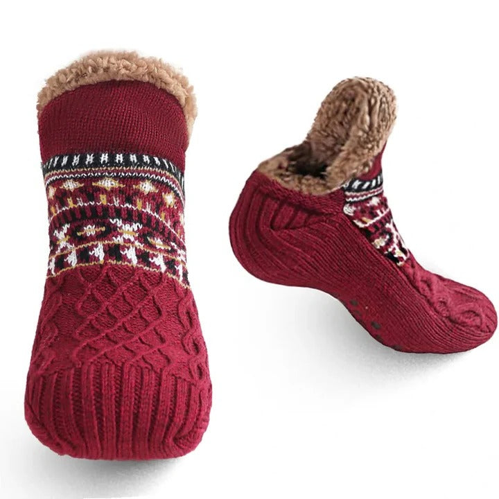 Fleece-Lined Snowflake Knit Socks with Non-Slip Grippers