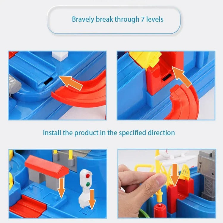 Mechanical Car Track Game with Levers, Buttons and Ramps