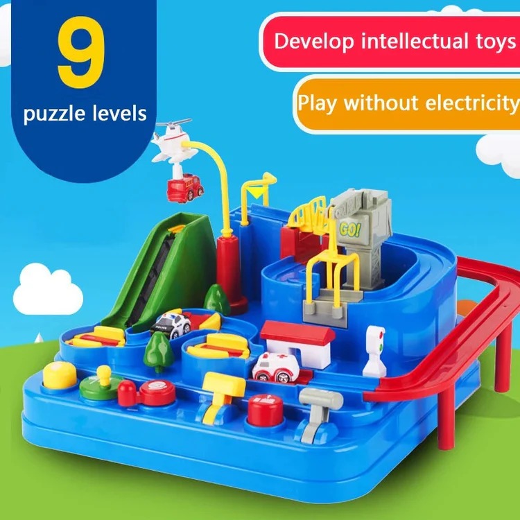 Mechanical Car Track Game with Levers, Buttons and Ramps