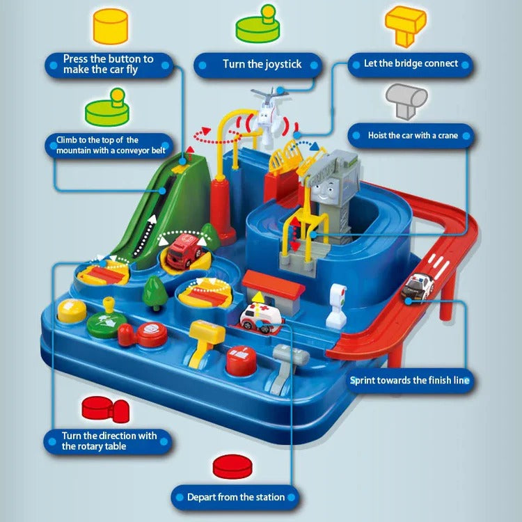Mechanical Car Track Game with Levers, Buttons and Ramps