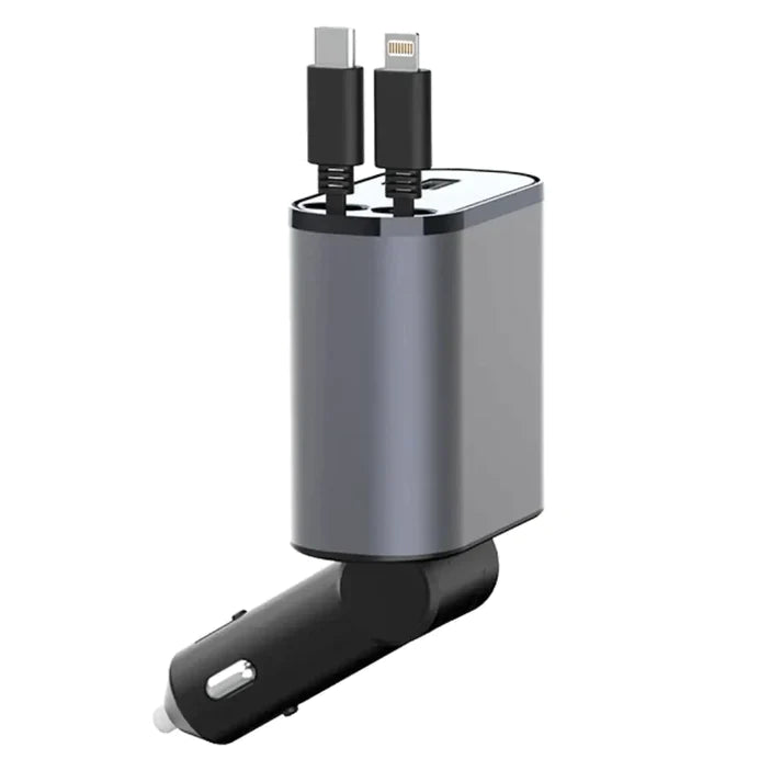 Dual Retractable Car Charger with Lightning and USB-C Cords