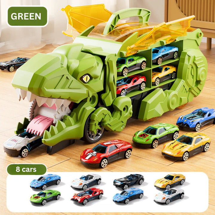 2-in-1 Dinosaur Transporter Truck with Racing Tracks and 8 Cars