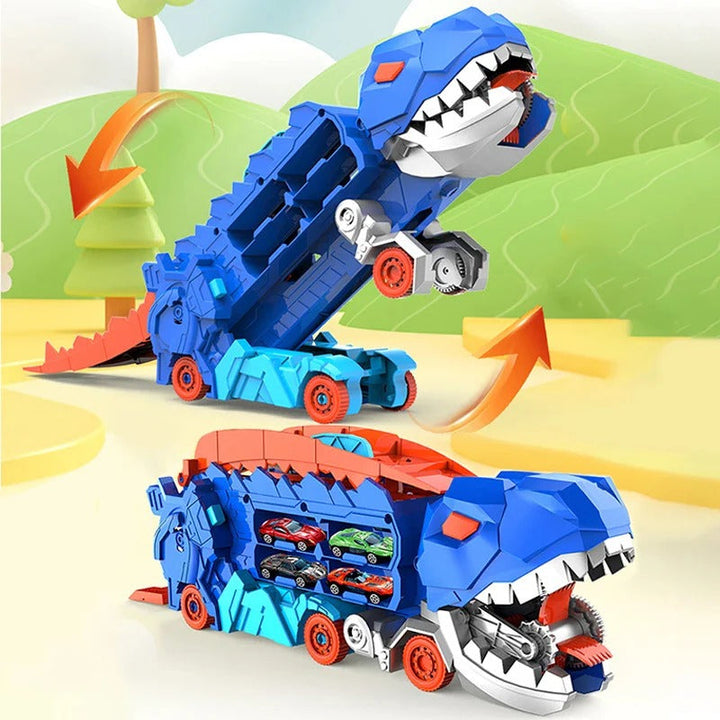 2-in-1 Dinosaur Transporter Truck with Racing Tracks and 8 Cars