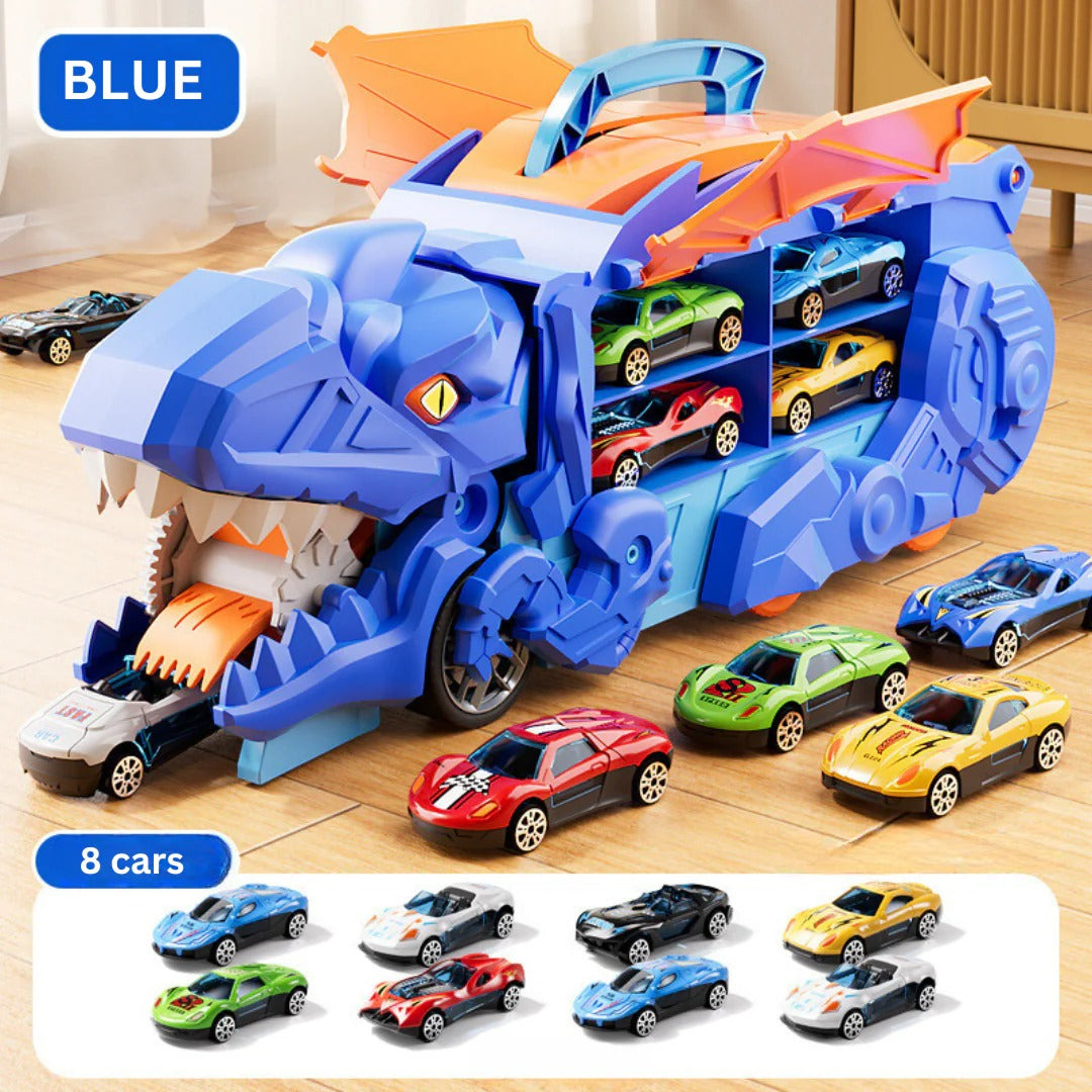 2-in-1 Dinosaur Transporter Truck with Racing Tracks and 8 Cars