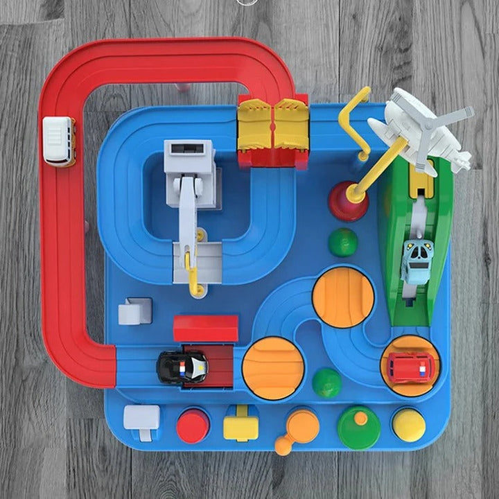 Mechanical Car Track Game with Levers, Buttons and Ramps