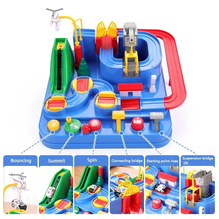 Mechanical Car Track Game with Levers, Buttons and Ramps