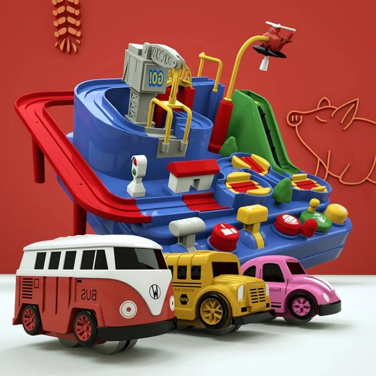 Mechanical Car Track Game with Levers, Buttons and Ramps