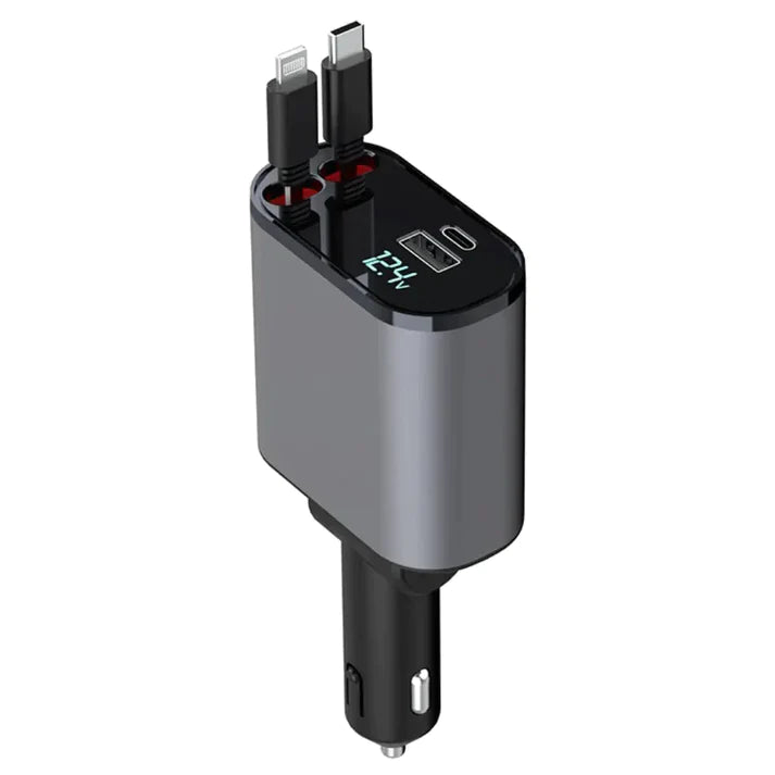 Dual Retractable Car Charger with Lightning and USB-C Cords