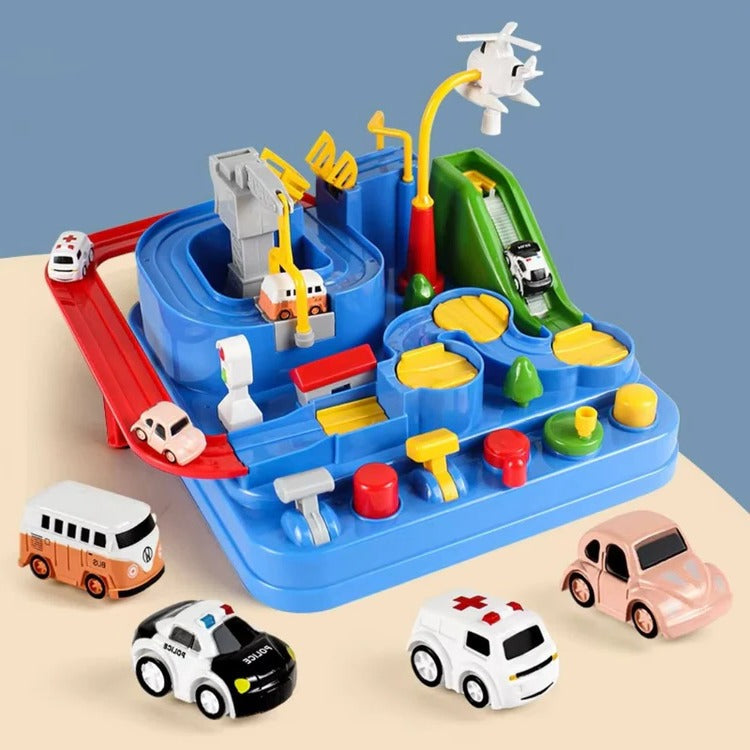 Mechanical Car Track Game with Levers, Buttons and Ramps
