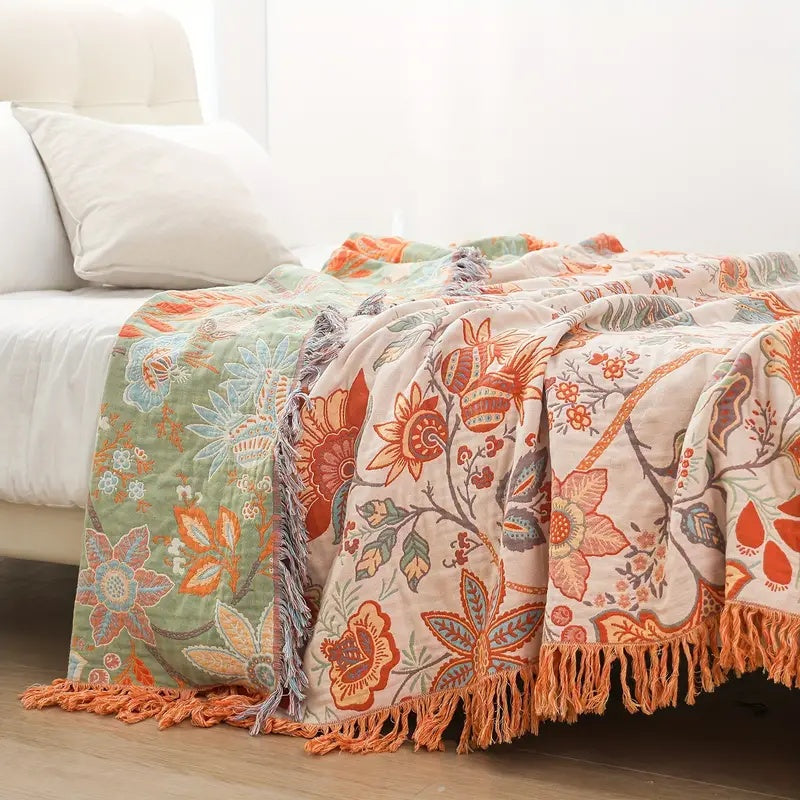 Boho Floral Cotton Throw Blanket with Fringe, Cream and Orange