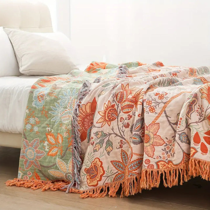 Boho Floral Cotton Throw Blanket with Fringe, Cream and Orange