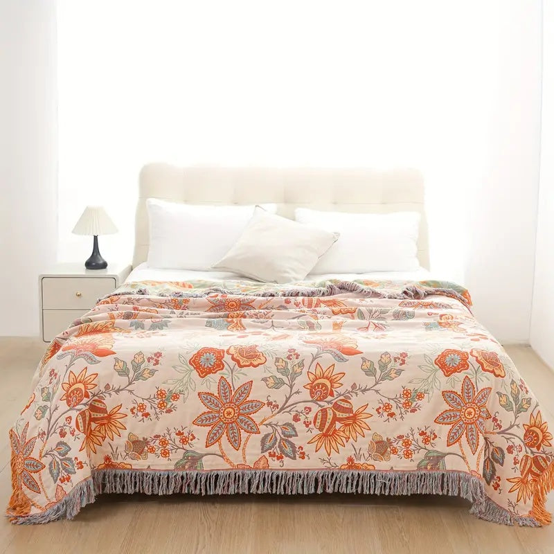 Boho Floral Cotton Throw Blanket with Fringe, Cream and Orange