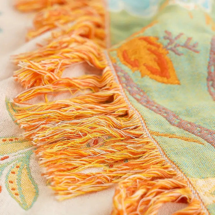 Boho Floral Cotton Throw Blanket with Fringe, Cream and Orange