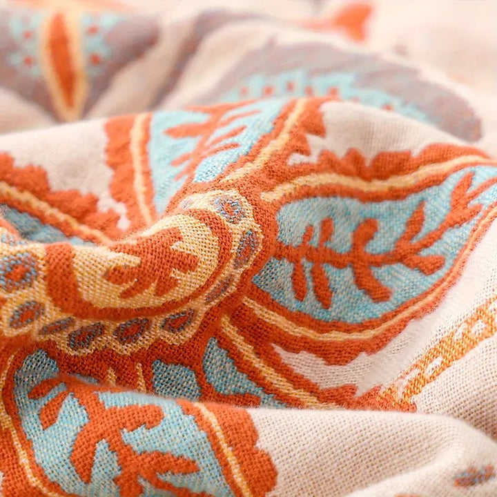 Boho Floral Cotton Throw Blanket with Fringe, Cream and Orange