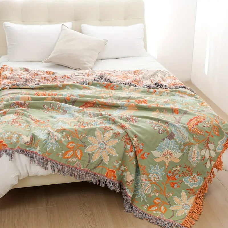 Boho Floral Cotton Throw Blanket with Fringe, Cream and Orange