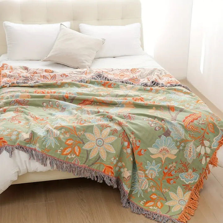 Boho Floral Cotton Throw Blanket with Fringe, Cream and Orange