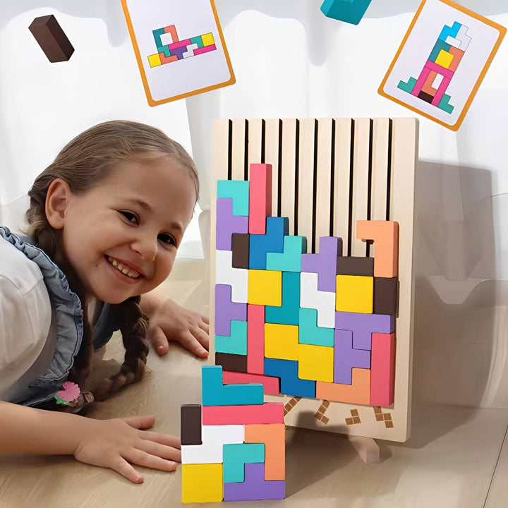 42-Piece Wooden Montessori Puzzle Blocks with 10 Pattern Cards