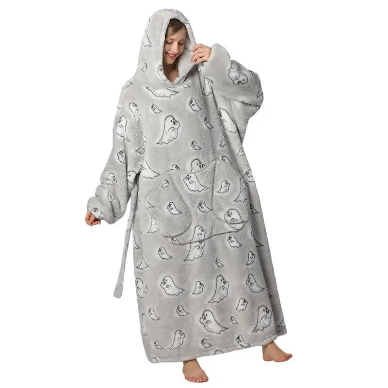 Hendrano™ Long Sherpa Blanket Hoodie with Fun Prints and Big Pocket