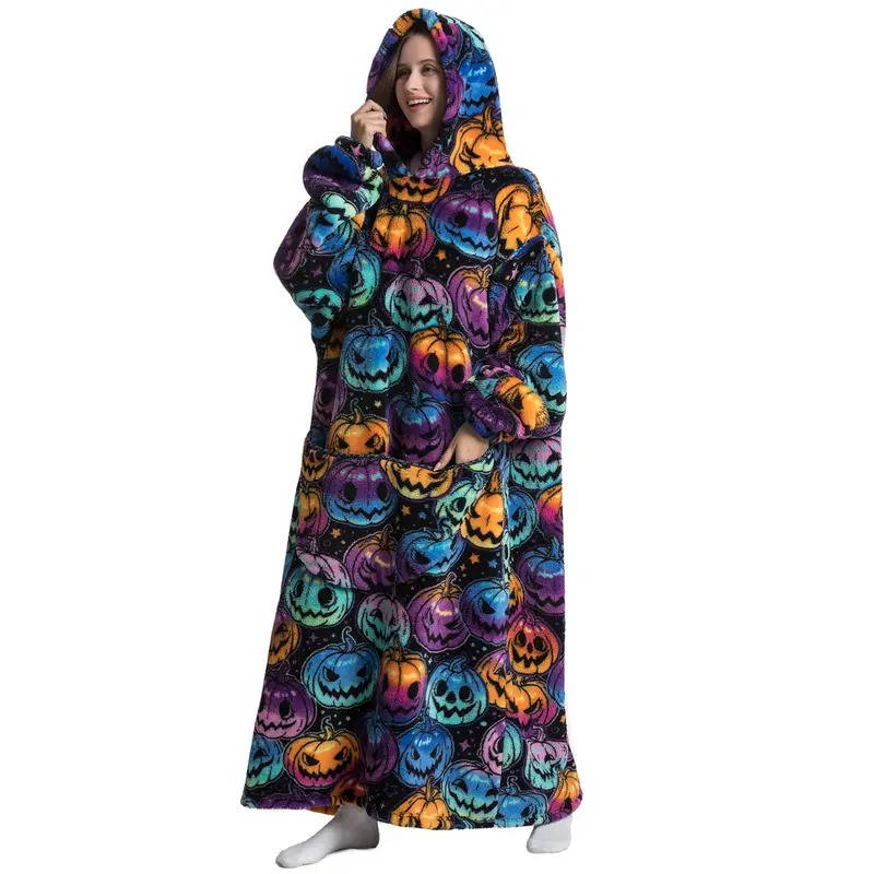Hendrano™ Long Sherpa Blanket Hoodie with Fun Prints and Big Pocket