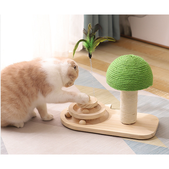 Wooden Cat Activity Center with Ball Track and Scratching Post
