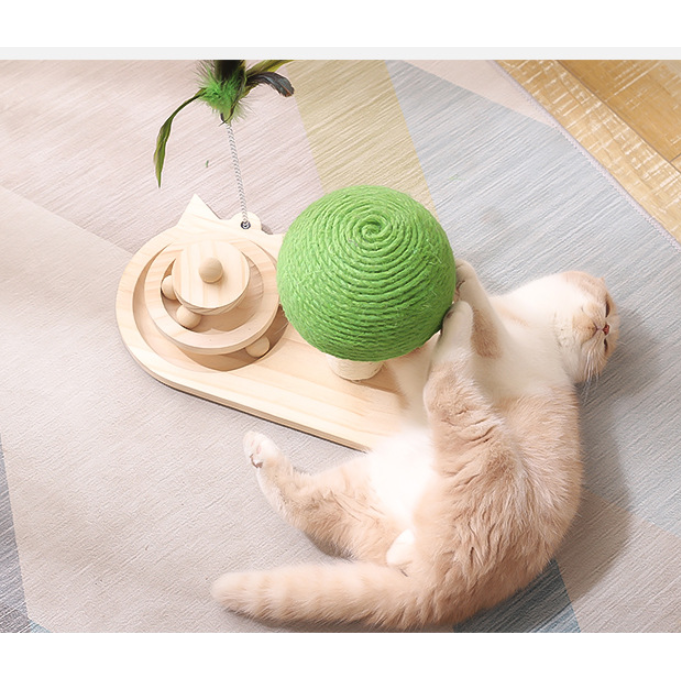 Wooden Cat Activity Center with Ball Track and Scratching Post