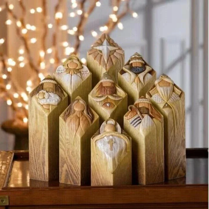 Nine-Piece Nativity Figurine Set with Engraved Bible Verses
