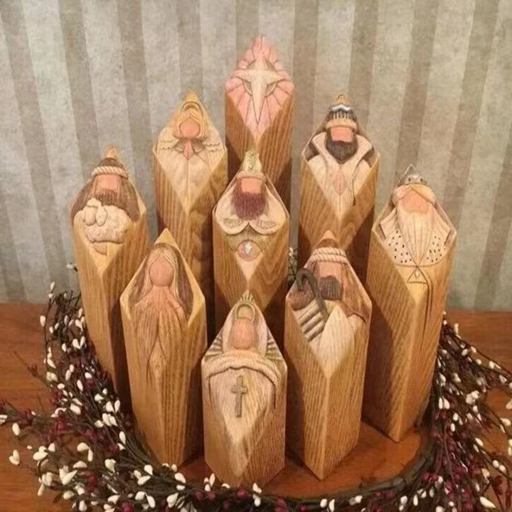 Nine-Piece Nativity Figurine Set with Engraved Bible Verses