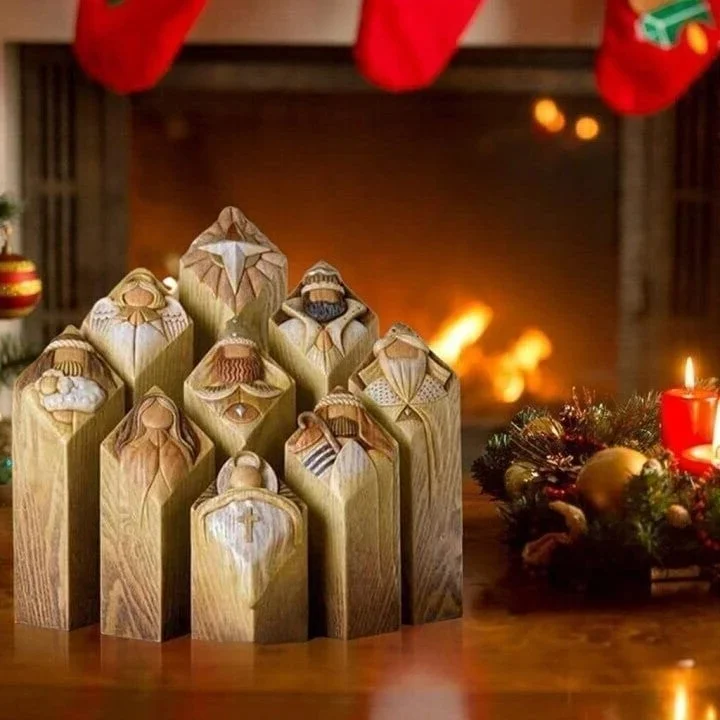 Nine-Piece Nativity Figurine Set with Engraved Bible Verses