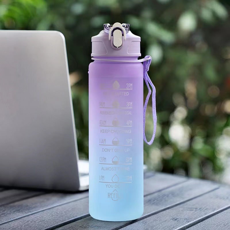 Sports Water Bottle with Time Markings Motivational Frosted Flip-Top Lid