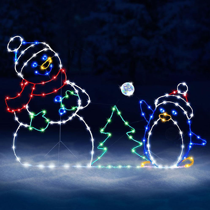 Animated LED Snowball Fight Light | Outdoor Snowman &amp; Penguin Christmas Decor