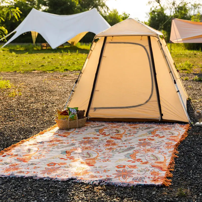Boho Floral Cotton Throw Blanket with Fringe, Cream and Orange