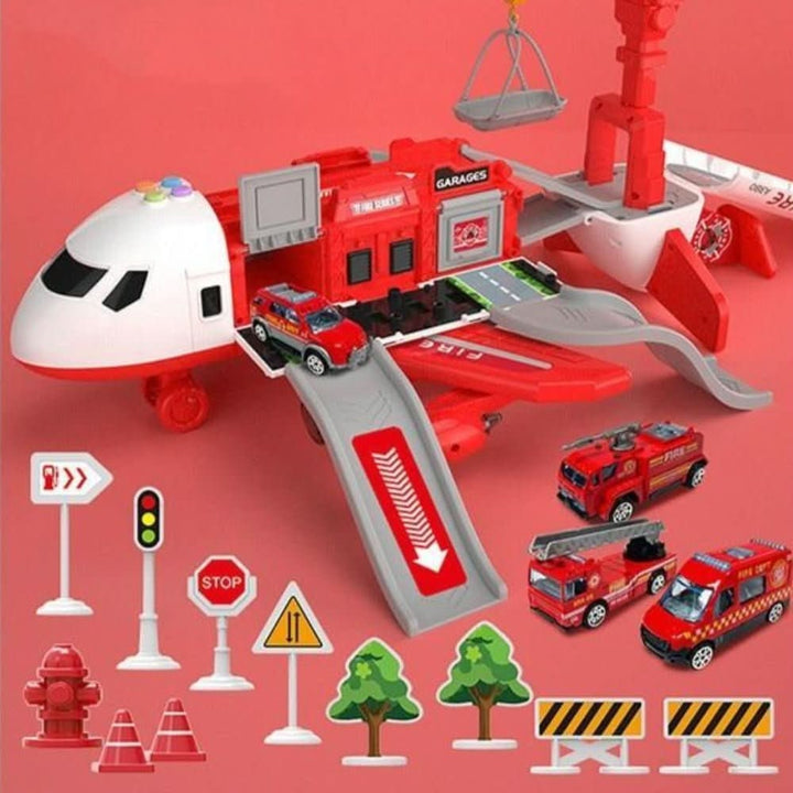 Fold-Out Toy Airplane Playset with Working Crane and Mini Cars