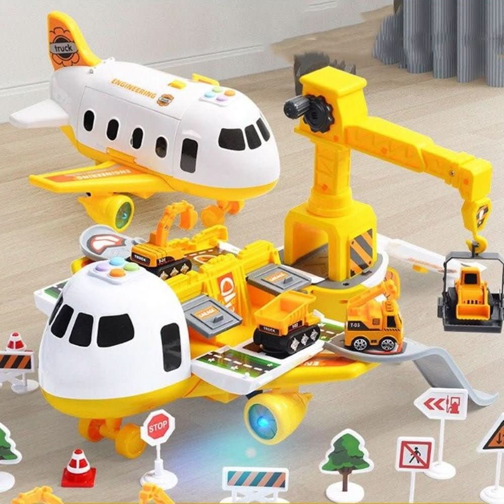 Fold-Out Toy Airplane Playset with Working Crane and Mini Cars