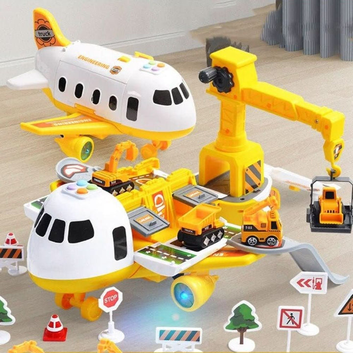 Fold-Out Toy Airplane Playset with Working Crane and Mini Cars