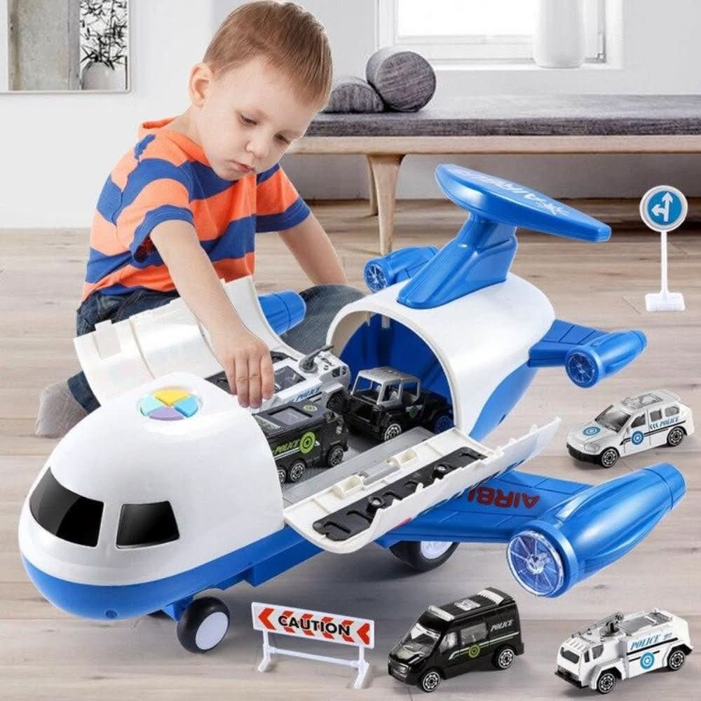 Fold-Out Toy Airplane Playset with Working Crane and Mini Cars