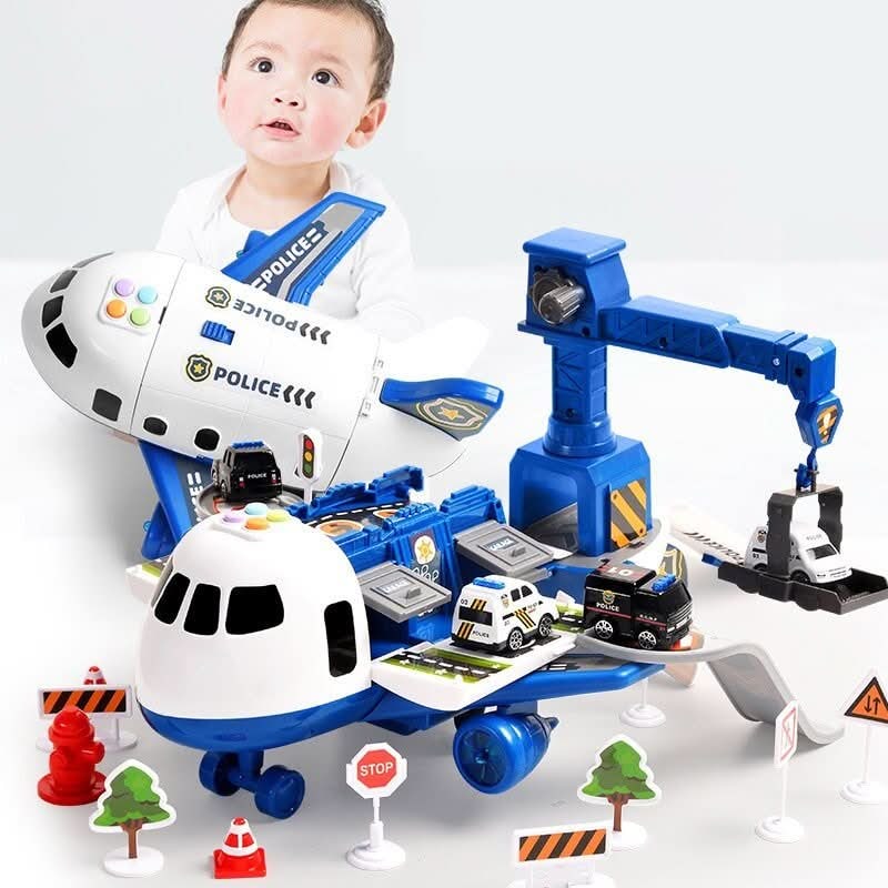 Fold-Out Toy Airplane Playset with Working Crane and Mini Cars