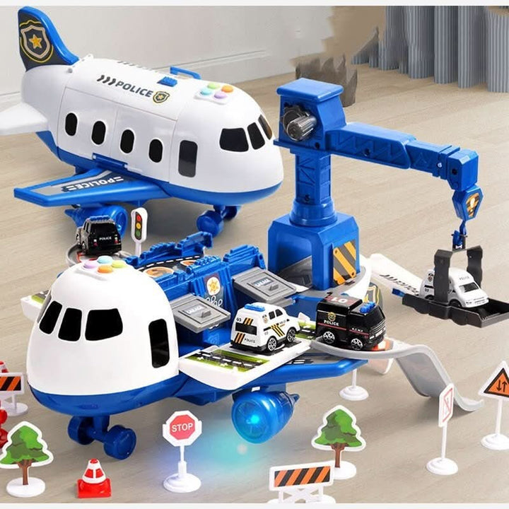 Fold-Out Toy Airplane Playset with Working Crane and Mini Cars