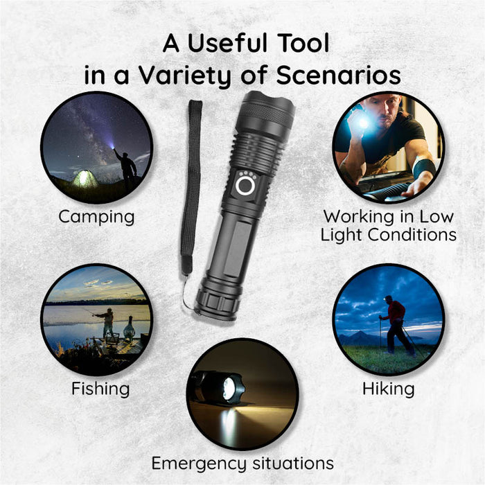 Hendrano™ Rechargeable LED Flashlight with Zoom, Waterproof Aluminum Body